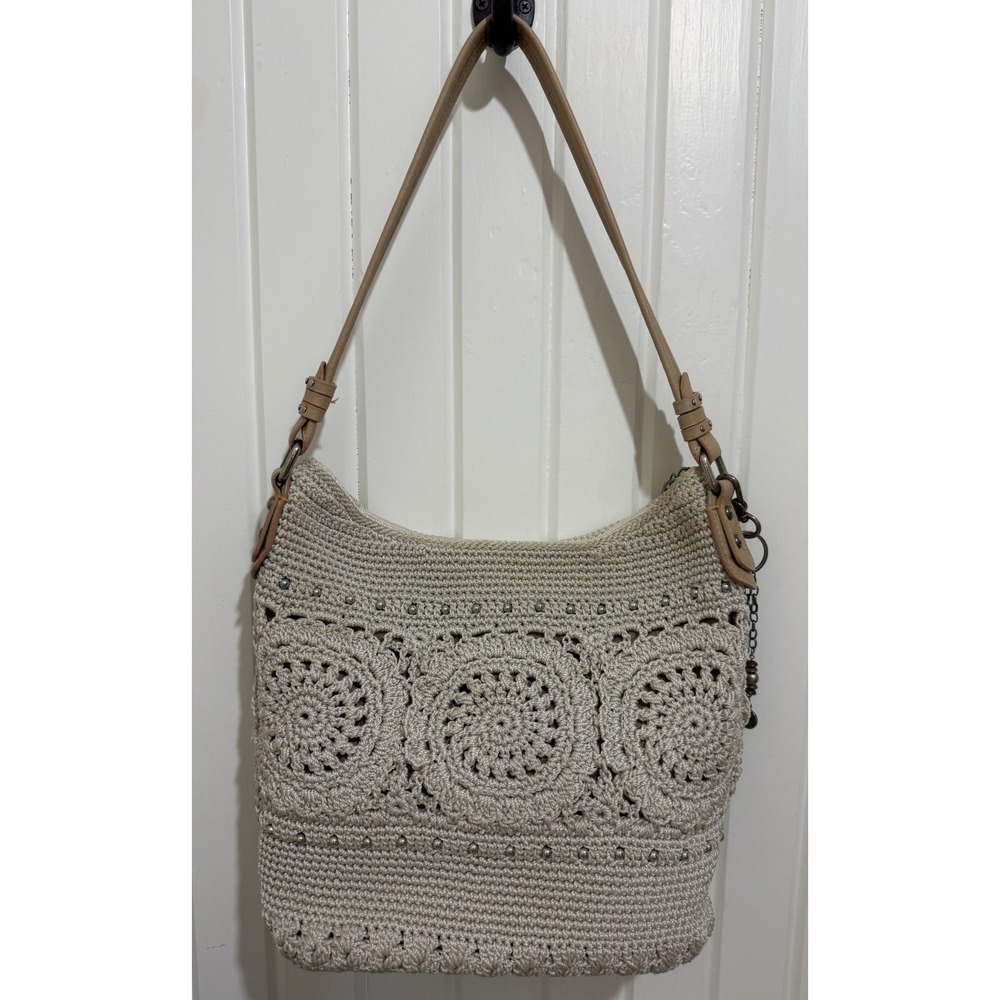 The Sak Beige Crochet Hobo Shoulder Bag Studded Boho Floral Medallion Charm